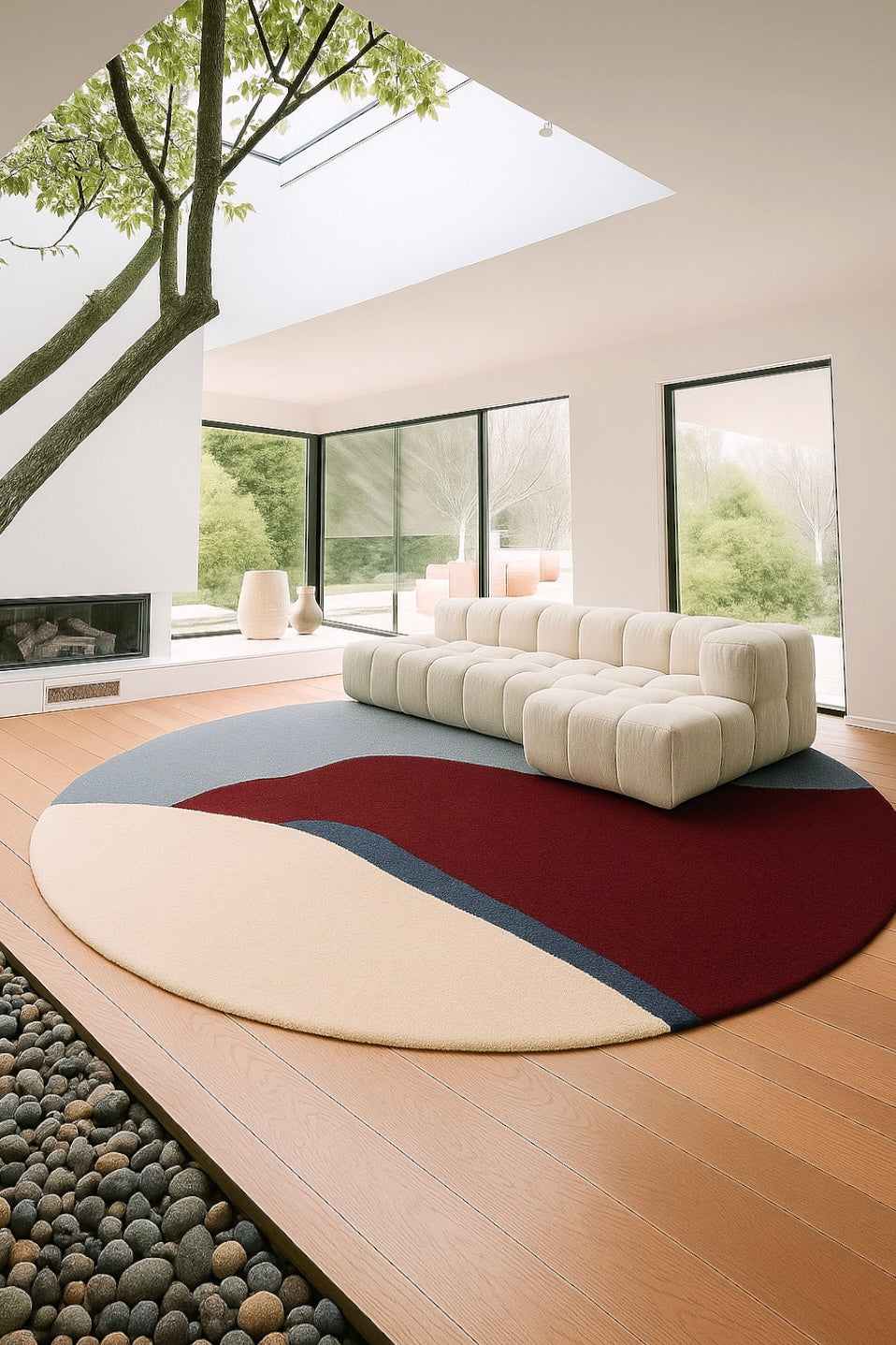 Art of Meka contemporary abstract rug styled in a modern minimalist room with panoramic forest view, organic color-block design