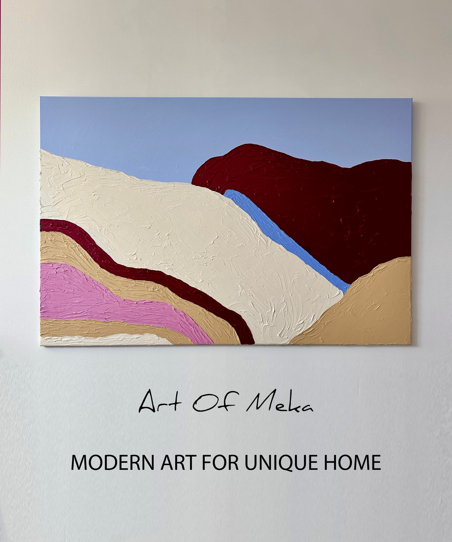 Abstract textured landscape painting in burgundy, cream, pink, and blue tones – contemporary acrylic artwork by Art Of Meka