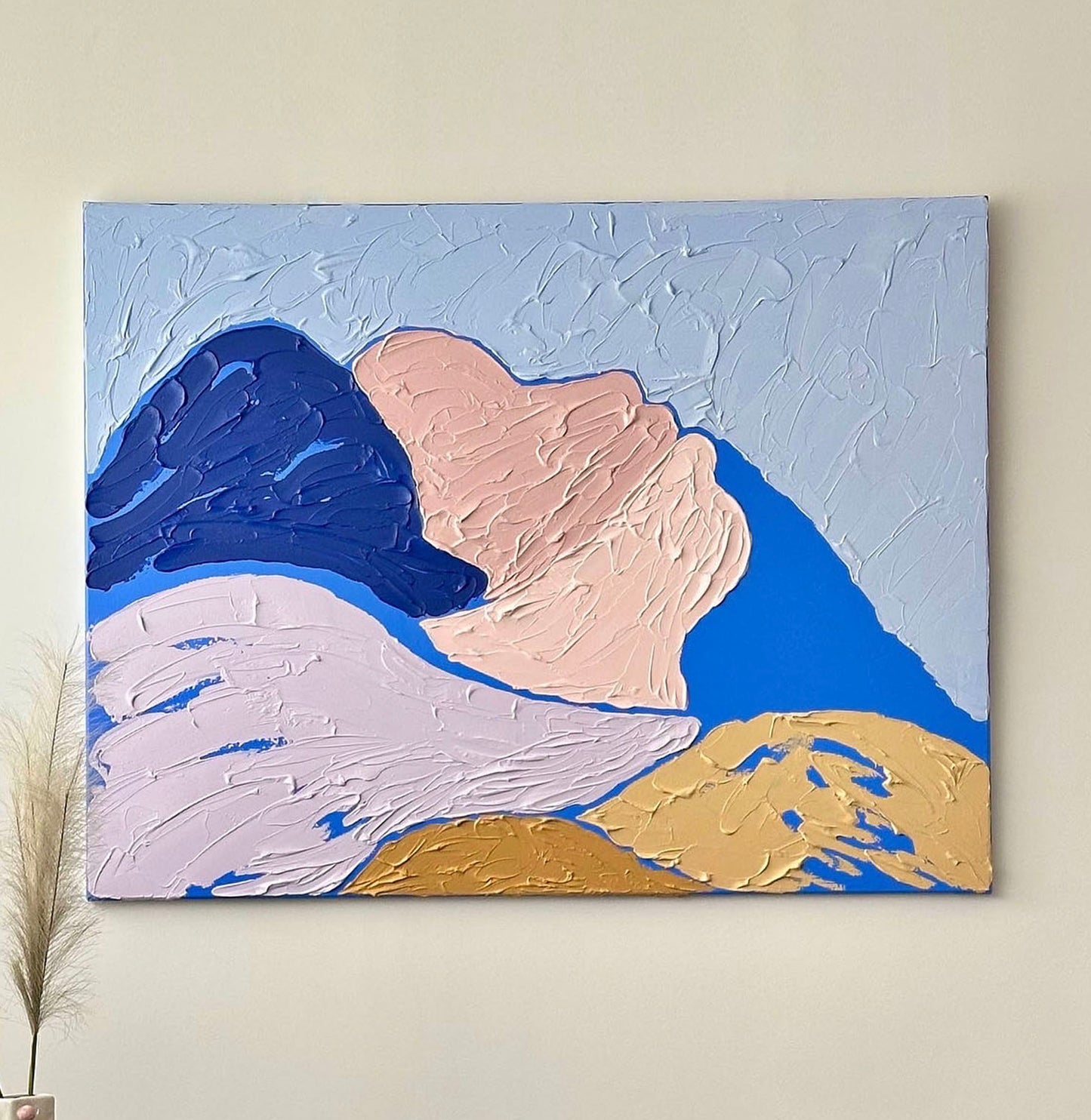 Modern abstract artwork by Art Of Meka featuring thick acrylic texture, soft pastel colors and organic shapes, displayed in a contemporary interior.