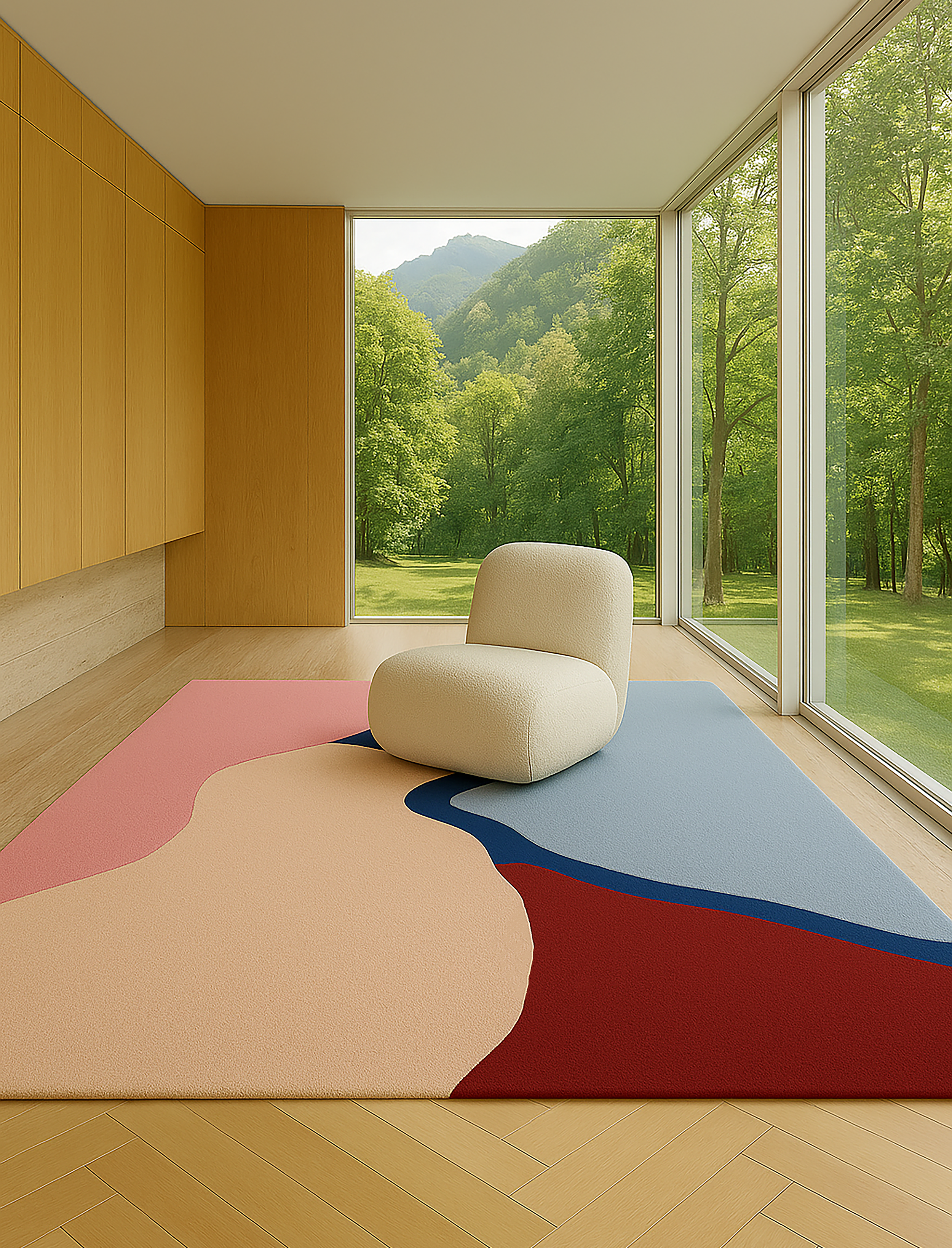 Modern abstract rug by Art of Meka in a minimalist interior with floor-to-ceiling windows, soft organic design in beige, blue and terracotta tones