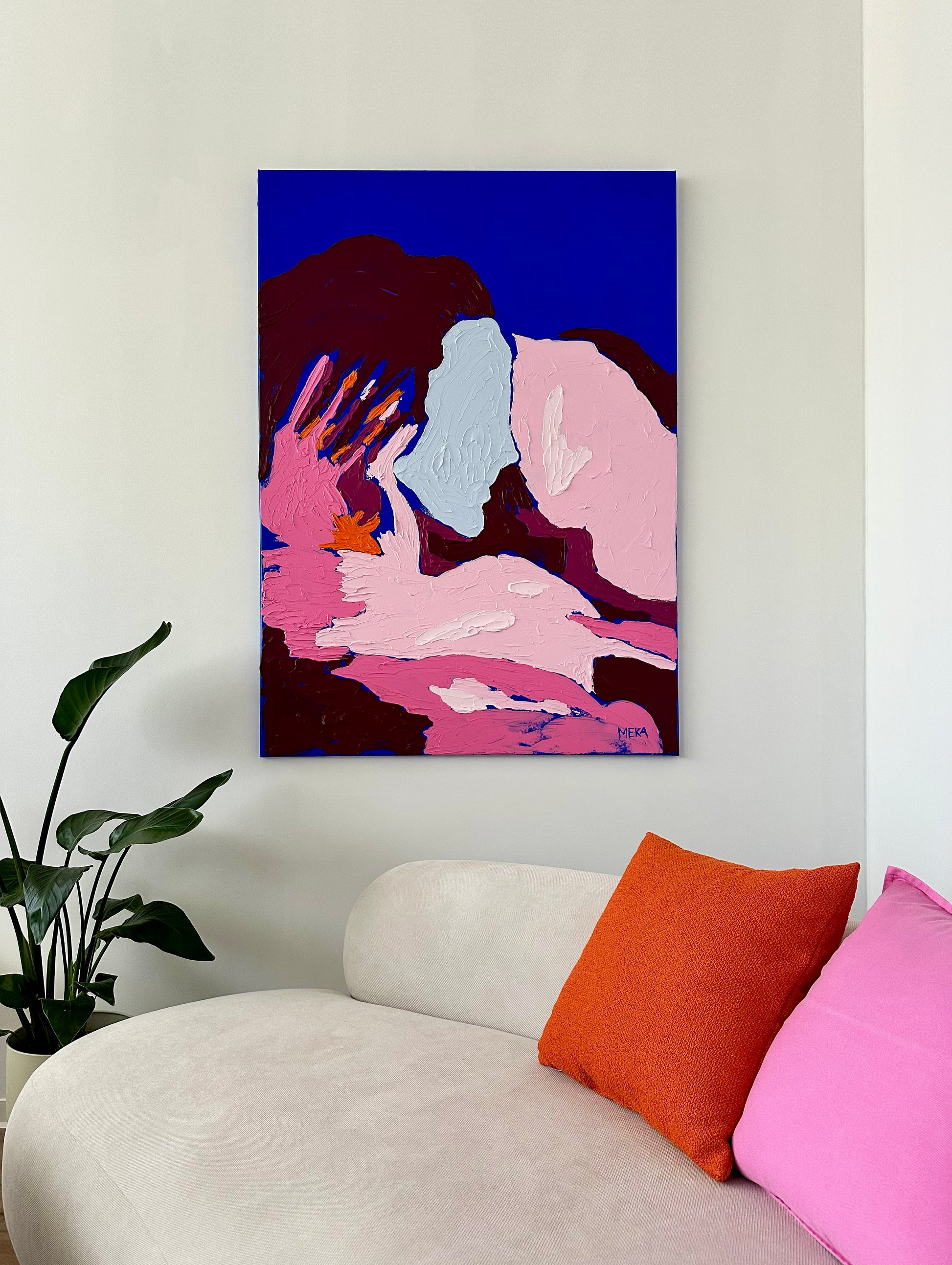 Figurative abstract painting by Art Of Meka featuring expressive figures in deep blue, burgundy and blush pink tones, textured acrylic on canvas, modern statement wall art.